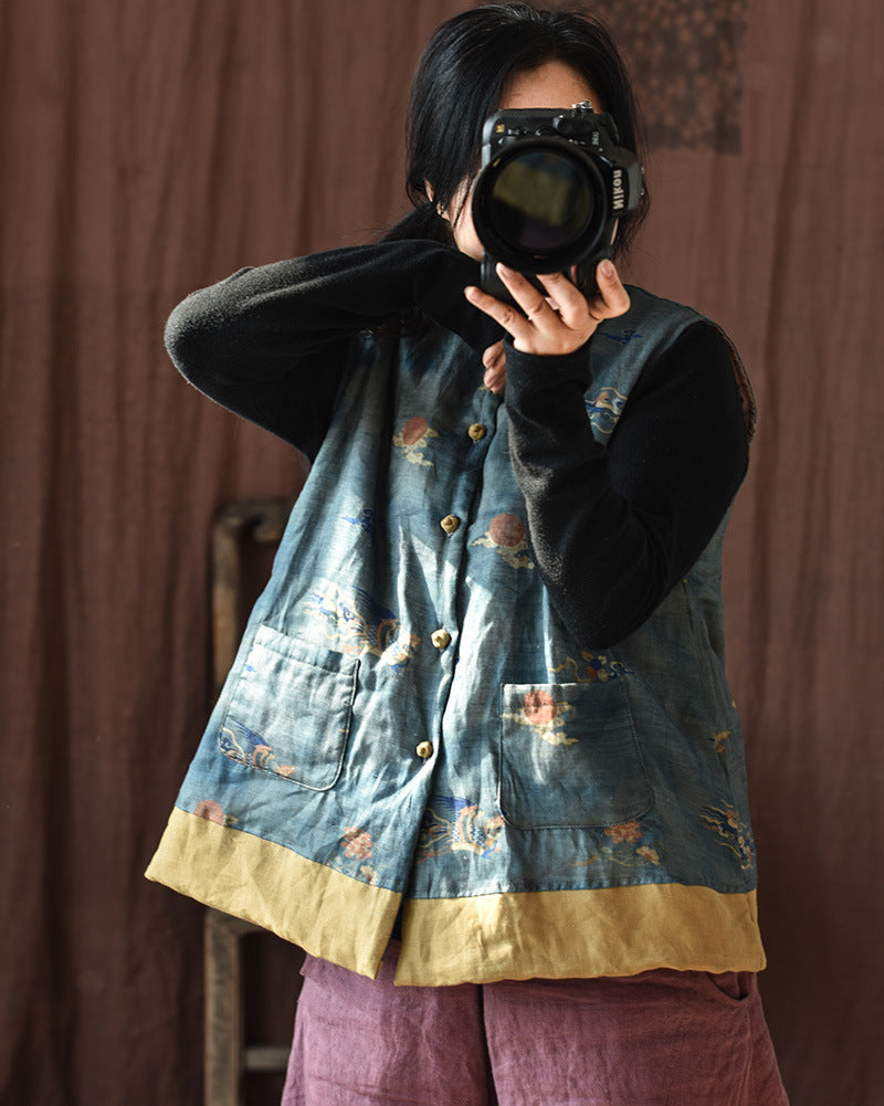 Chaleco de lino con patchwork y flores vintage