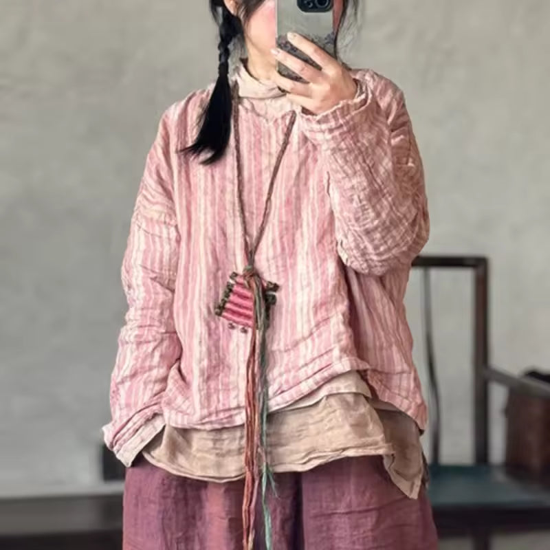 Vintage Striped Linen-Blend Blouse | Relaxed V-Neck Top