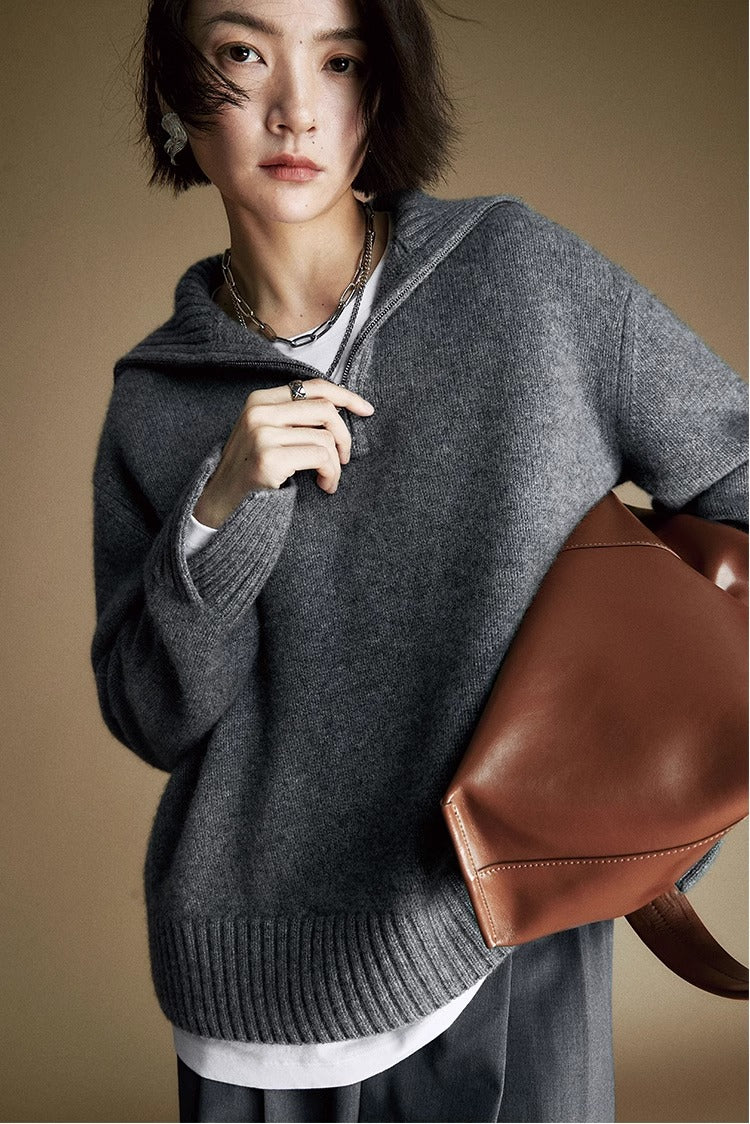 Suéter de punto de lana con cremallera para mujer: jersey de cuello con media cremallera y mezcla de lana al 80 % | Colección COANDMI