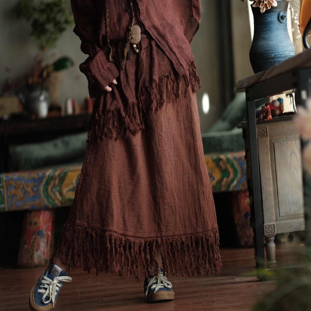 Terracotta Nomad Fringe Cotton-Linen Midi Skirt