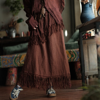 Terracotta Nomad Fringe Cotton-Linen Midi Skirt