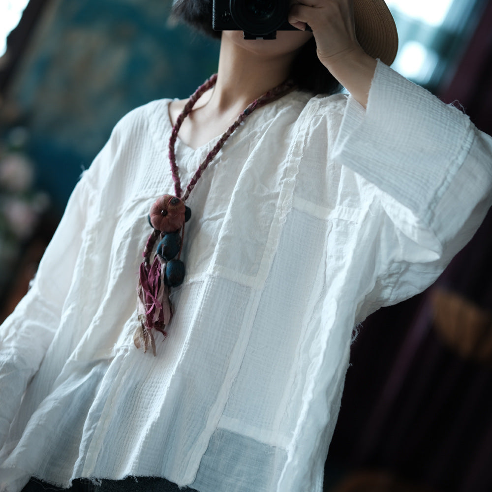 Blusa vintage de patchwork con cuello en V