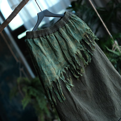 Charcoal Moss Nomad Fringe Cotton-Linen Midi Skirt