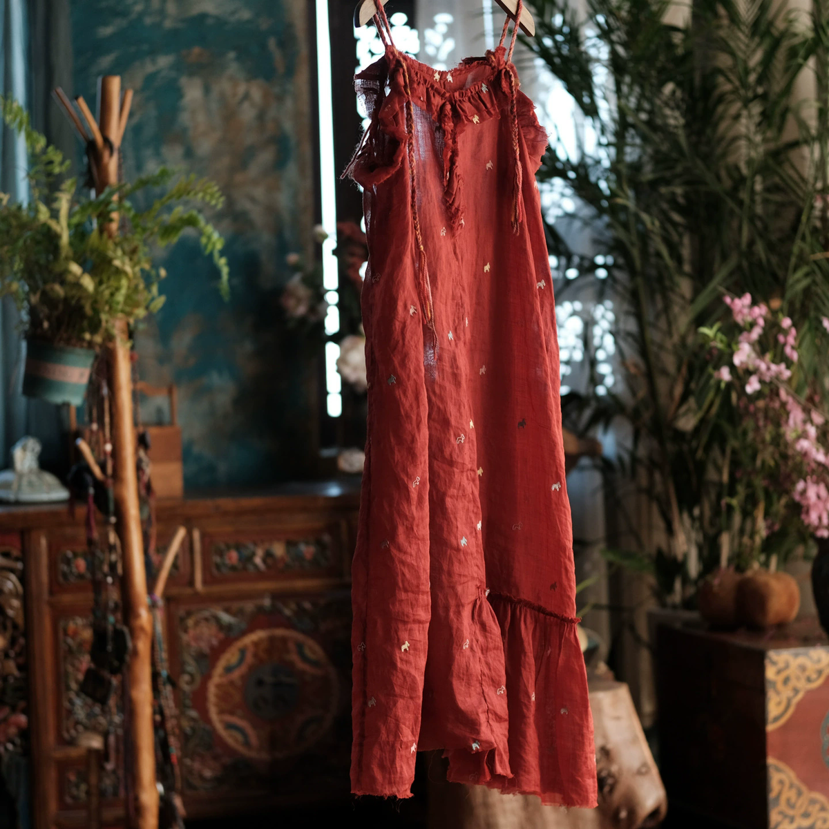 Crimson Garden Embroidered Linen Dress