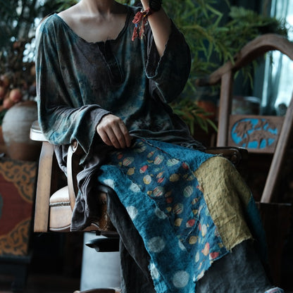 Indigo Fish Print Ramie Maxi Skirt