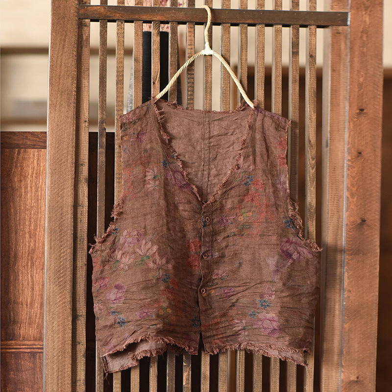 Blusa sin mangas de ramio con estampado vintage
