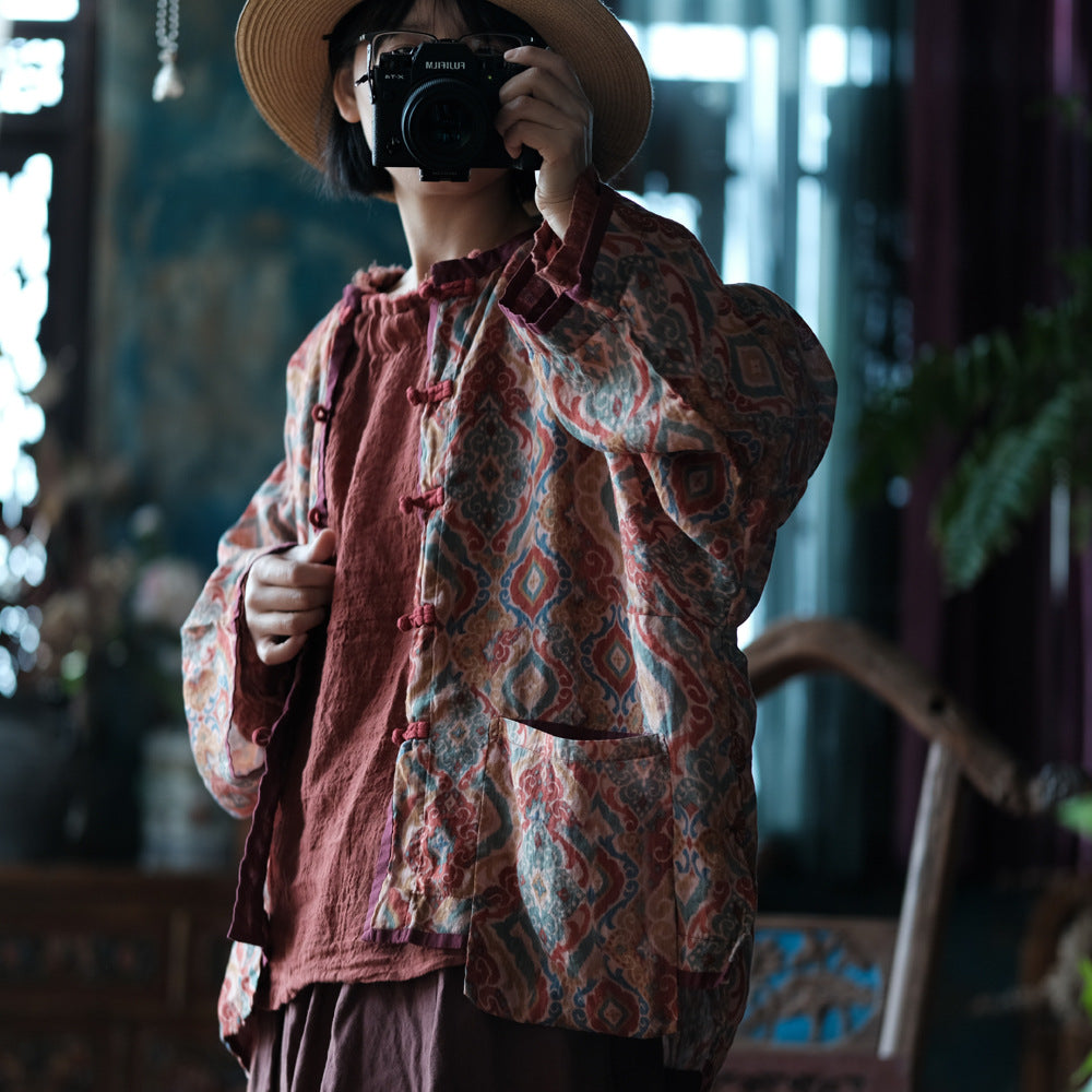 Chaqueta de lino vintage con estampados étnicos