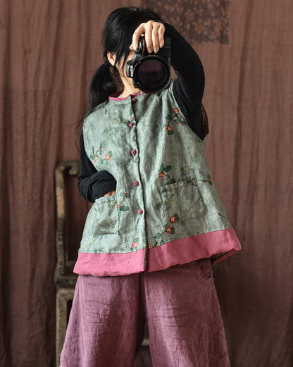 Chaleco de lino con patchwork y flores vintage
