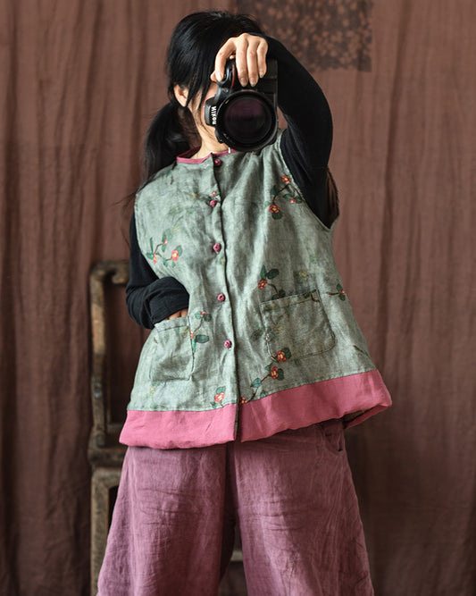 Chaleco de lino con patchwork y flores vintage