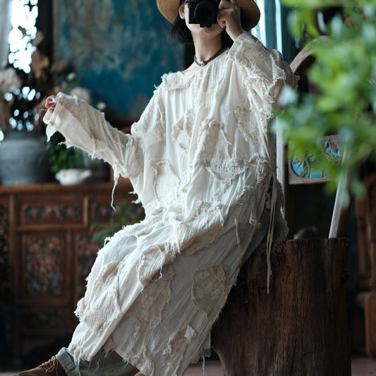 Vestido túnica de patchwork color crudo