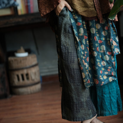 Vintage Fish Print Ramie Wide Leg Pants