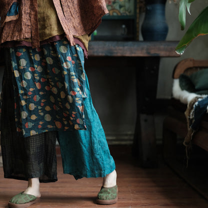 Vintage Fish Print Ramie Wide Leg Pants