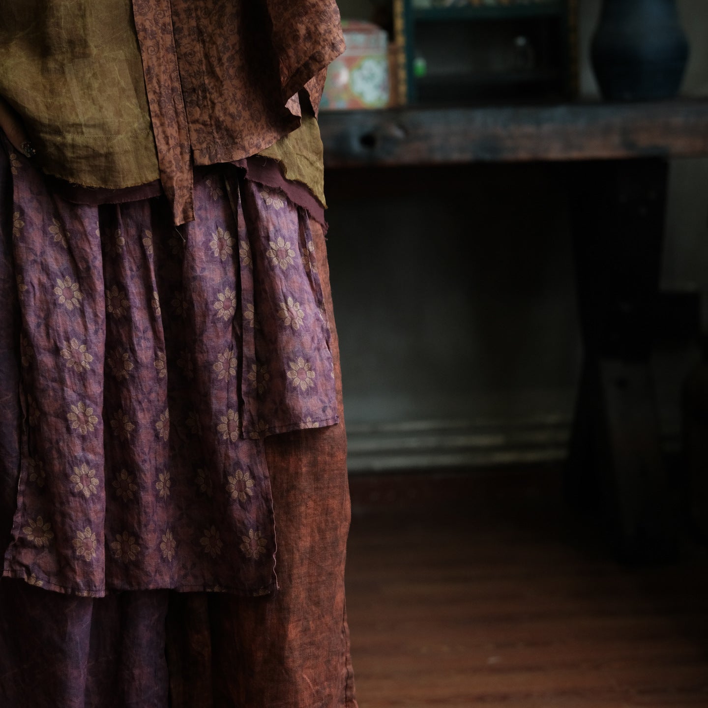 Vintage Floral Ramie Wide-Leg Trousers