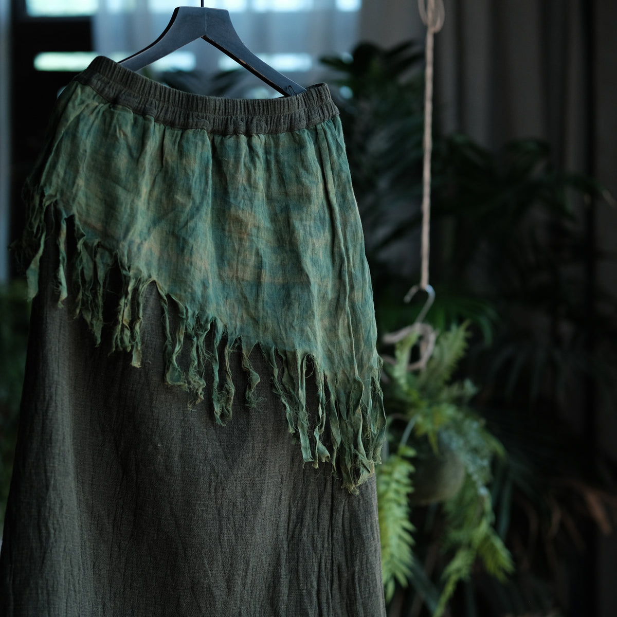 Charcoal Moss Nomad Fringe Cotton-Linen Midi Skirt