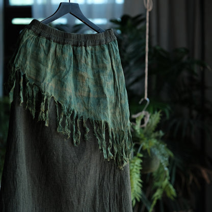 Charcoal Moss Nomad Fringe Cotton-Linen Midi Skirt