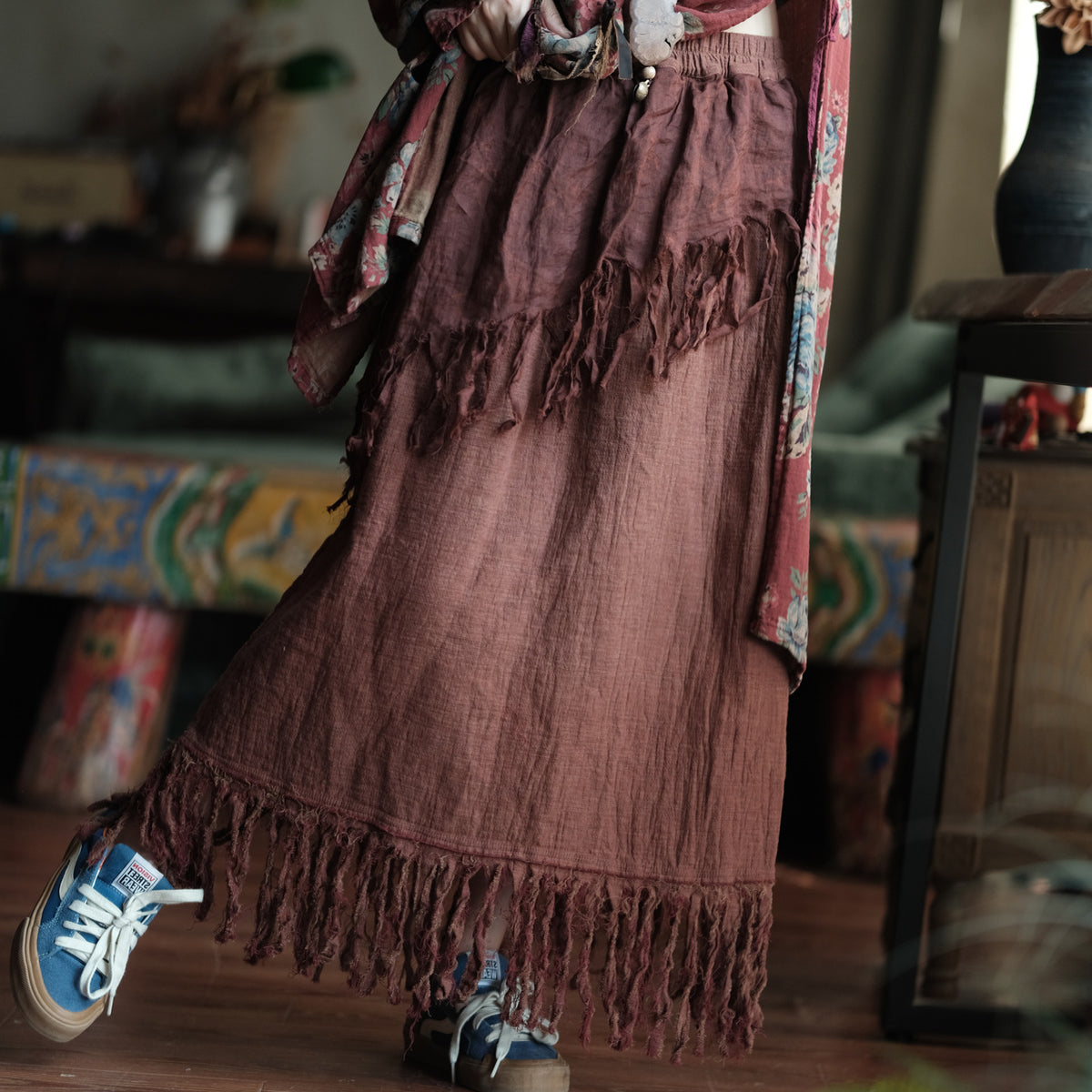 Terracotta Nomad Fringe Cotton-Linen Midi Skirt