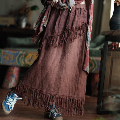 Terracotta Nomad Fringe Cotton-Linen Midi Skirt