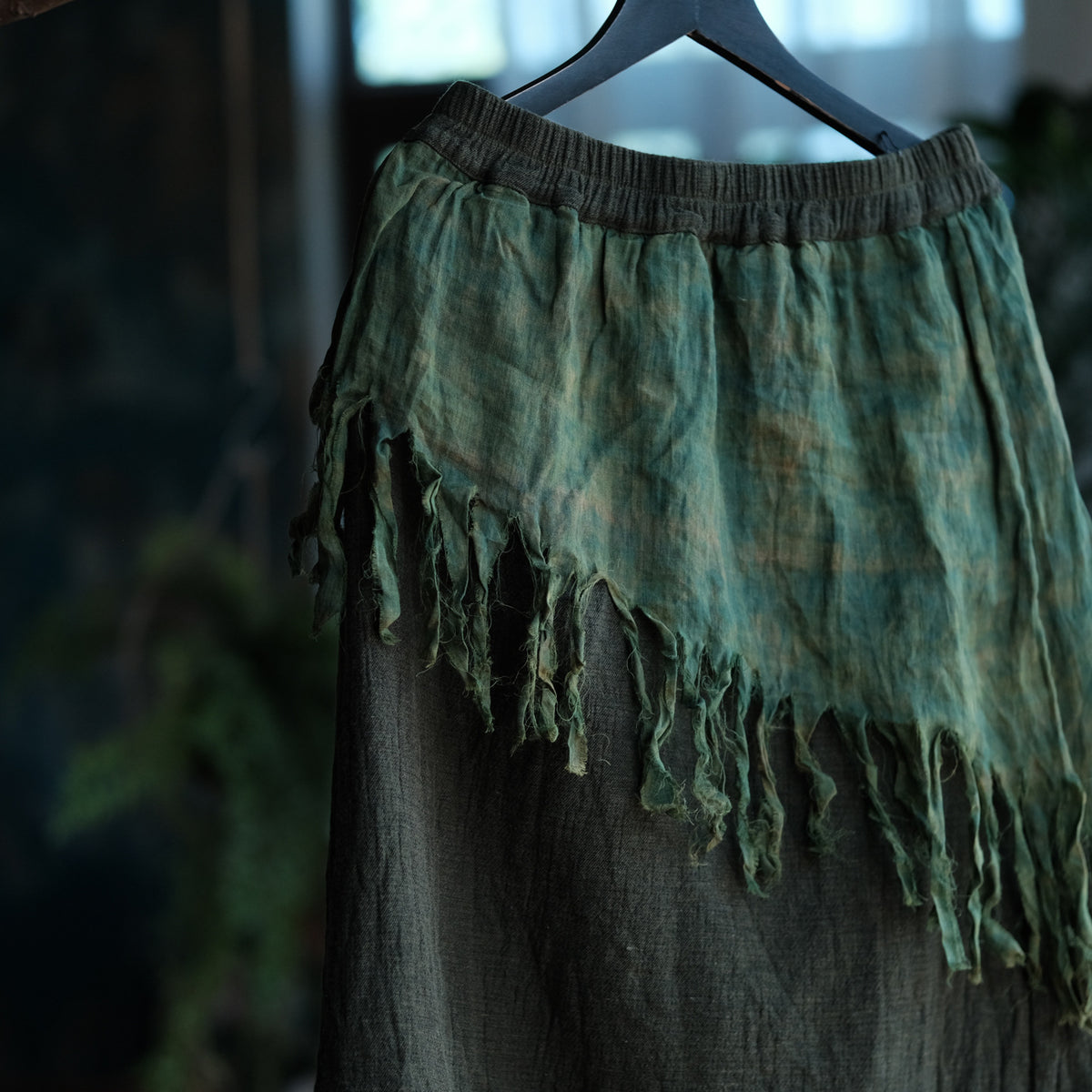 Charcoal Moss Nomad Fringe Cotton-Linen Midi Skirt