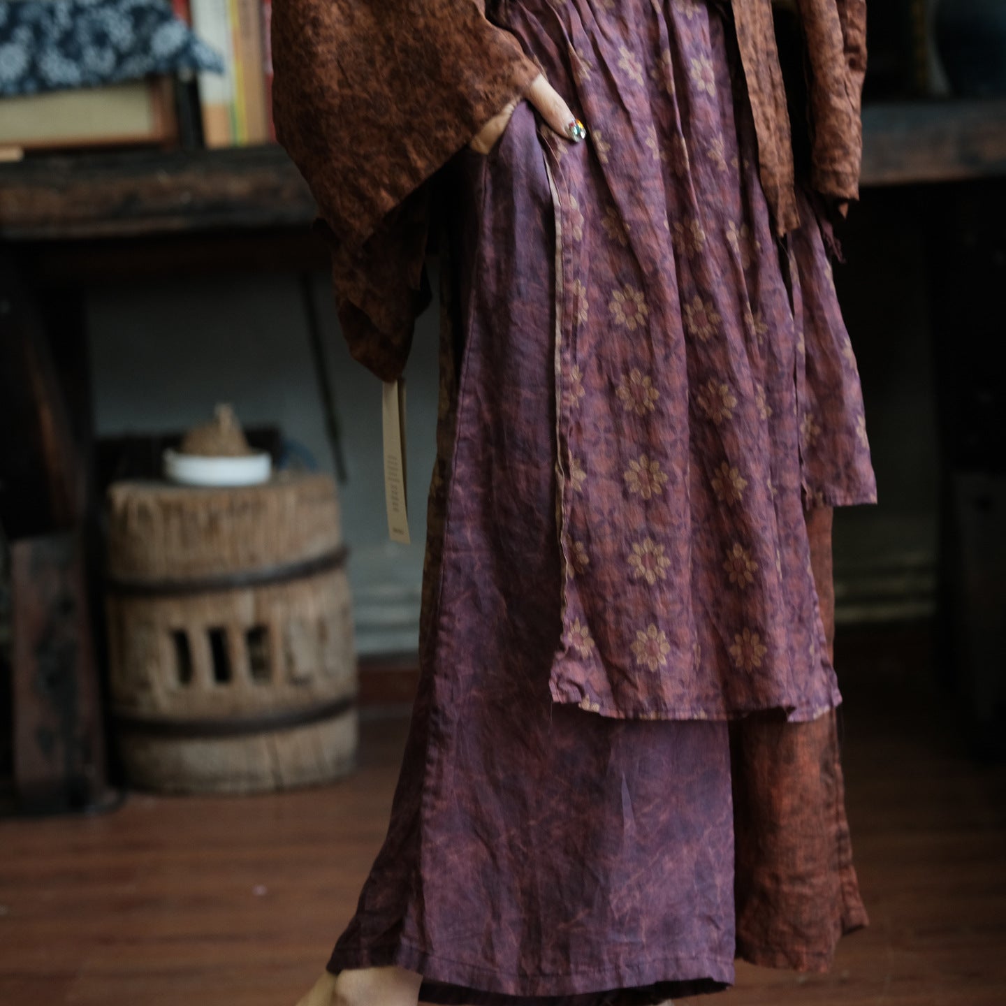 Vintage Floral Ramie Wide-Leg Trousers