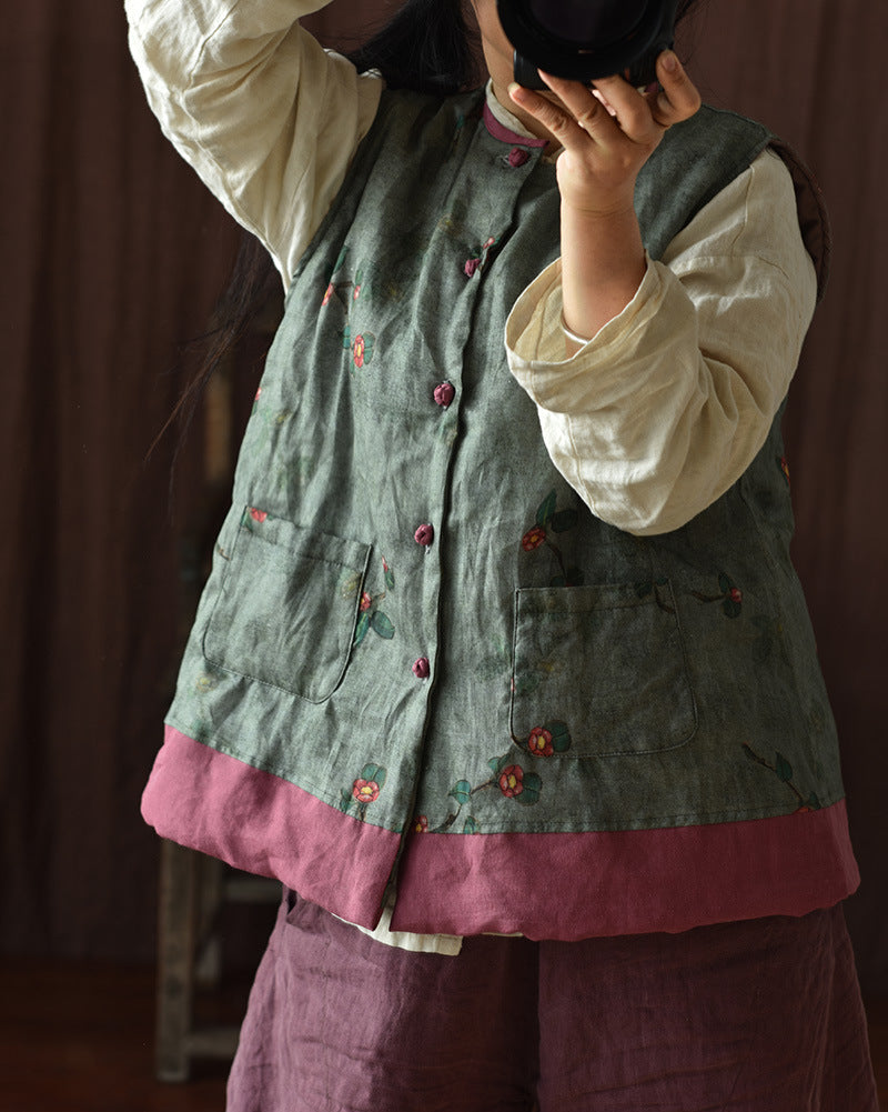 Chaleco de lino con patchwork y flores vintage