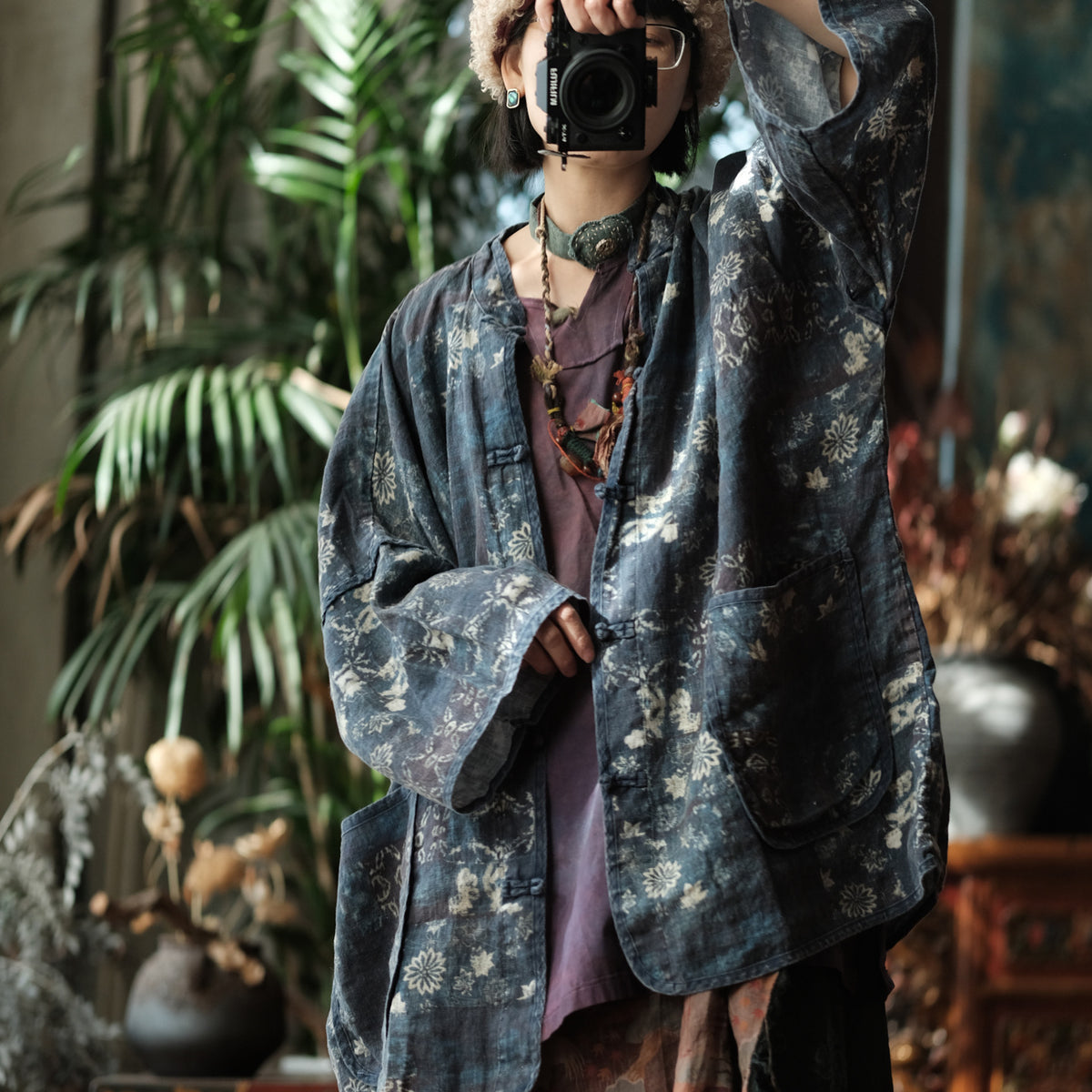 Indigo Garden Linen Kimono Jacket