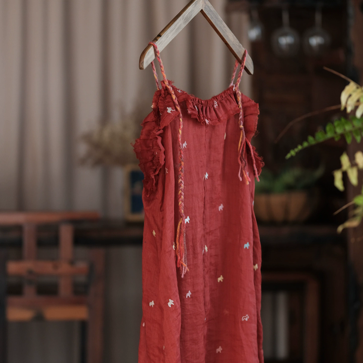 Crimson Garden Embroidered Linen Dress