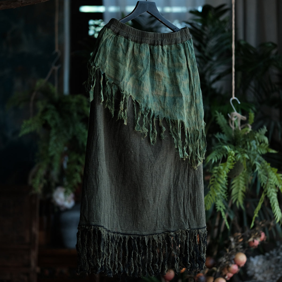 Charcoal Moss Nomad Fringe Cotton-Linen Midi Skirt