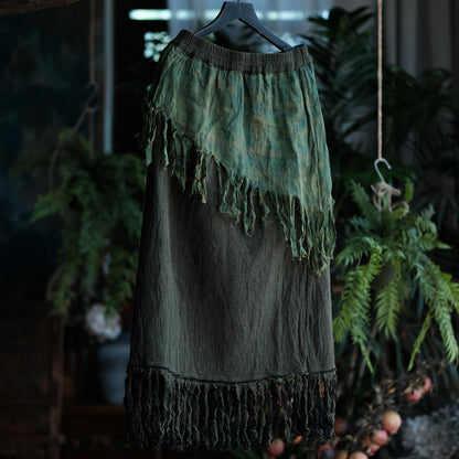 Charcoal Moss Nomad Fringe Cotton-Linen Midi Skirt