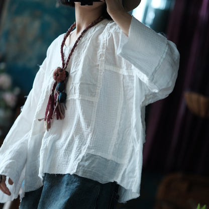 Blusa vintage de patchwork con cuello en V