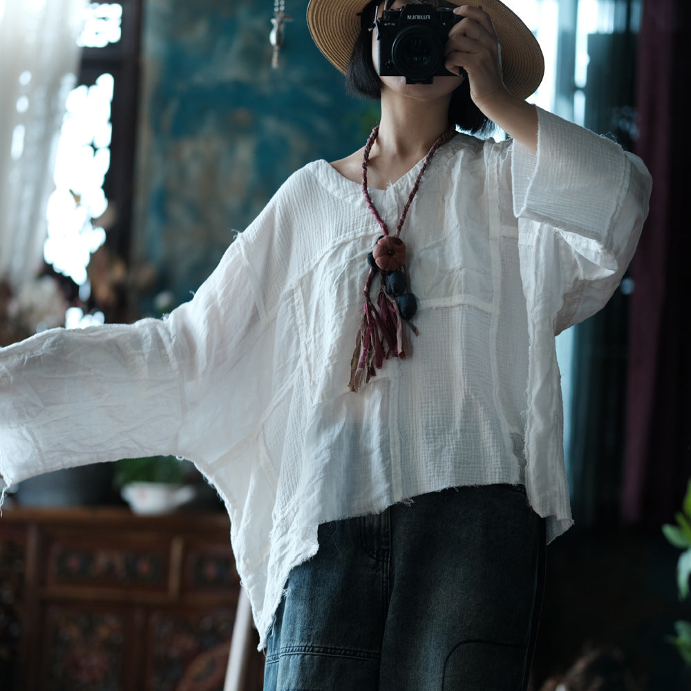 Blusa vintage de patchwork con cuello en V