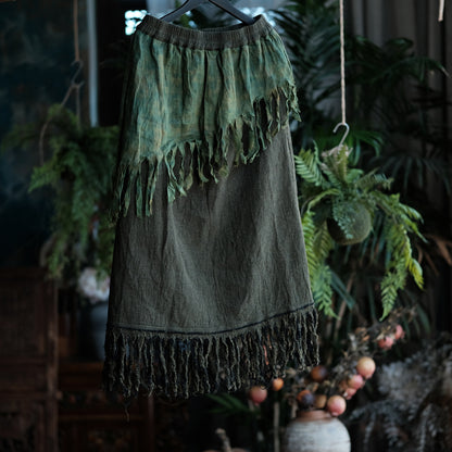 Charcoal Moss Nomad Fringe Cotton-Linen Midi Skirt