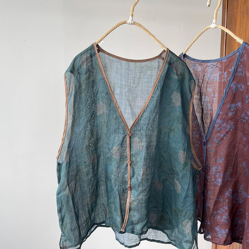 Chaleco floral de ramio con cuello en V