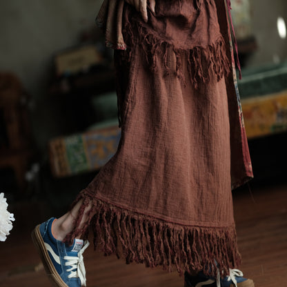 Terracotta Nomad Fringe Cotton-Linen Midi Skirt