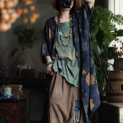 Vintage Blue Garden Cotton Long Shirt