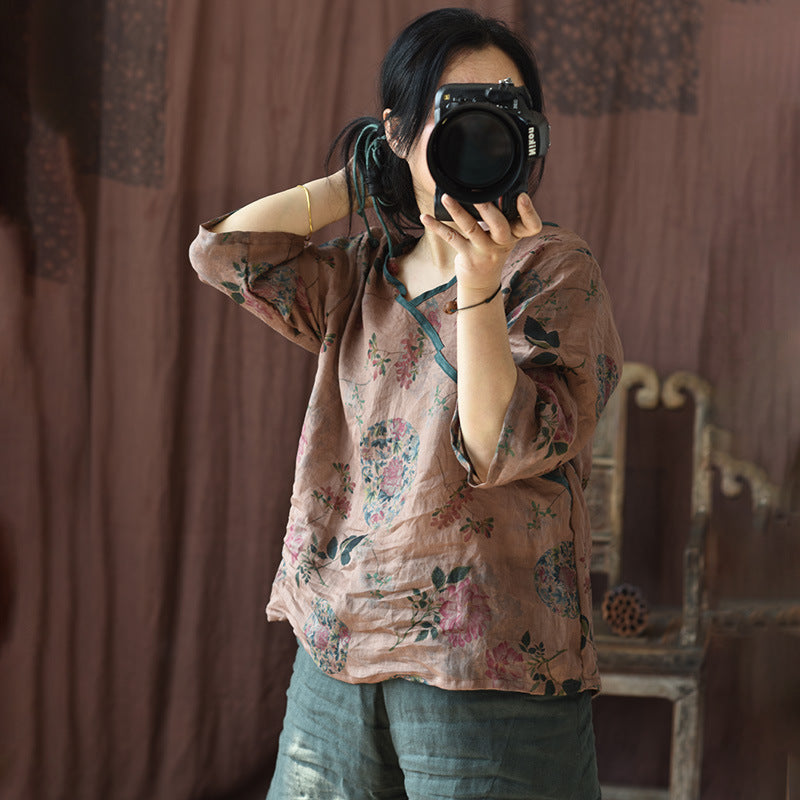 Blusa cruzada con estampado floral vintage