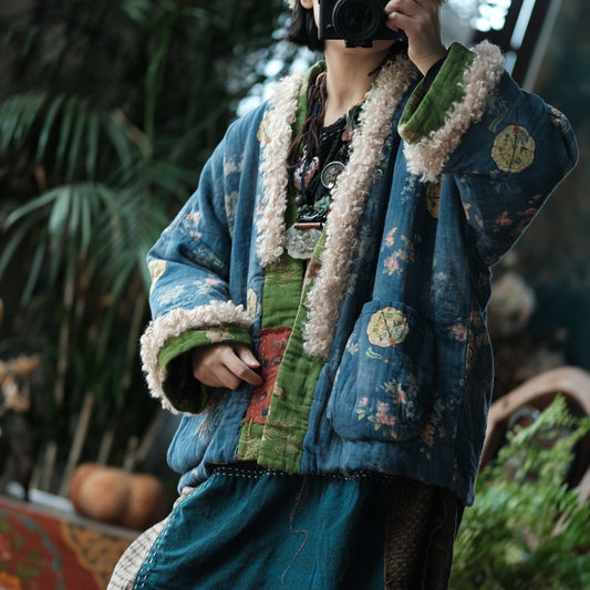Chaqueta reversible de invierno vintage de algodón y lino con estampado floral y ribete de lana de cordero.