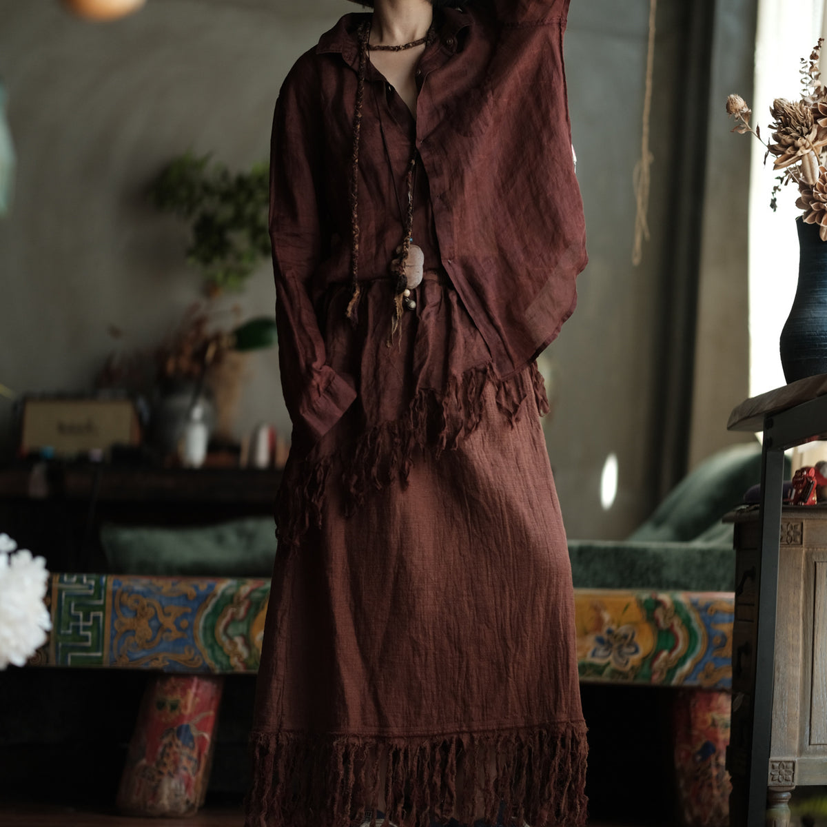 Terracotta Nomad Fringe Cotton-Linen Midi Skirt