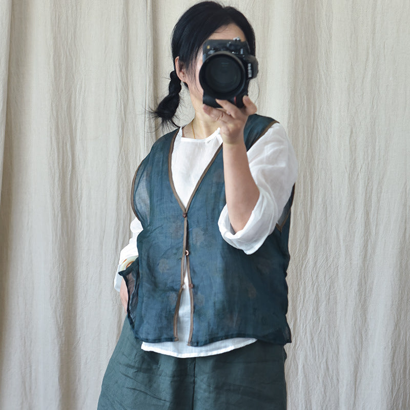 Chaleco floral de ramio con cuello en V