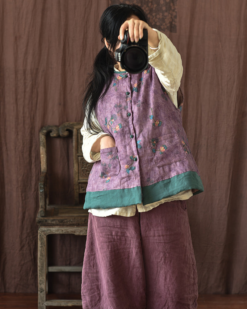 Chaleco de lino con patchwork y flores vintage