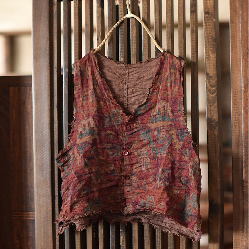 Blusa sin mangas de ramio con estampado vintage