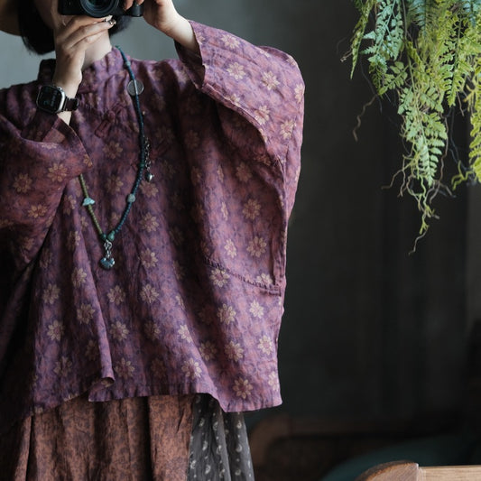 Vintage Floral Ramie Batwing Blouse