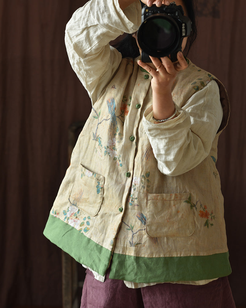 Chaleco de lino con patchwork y flores vintage