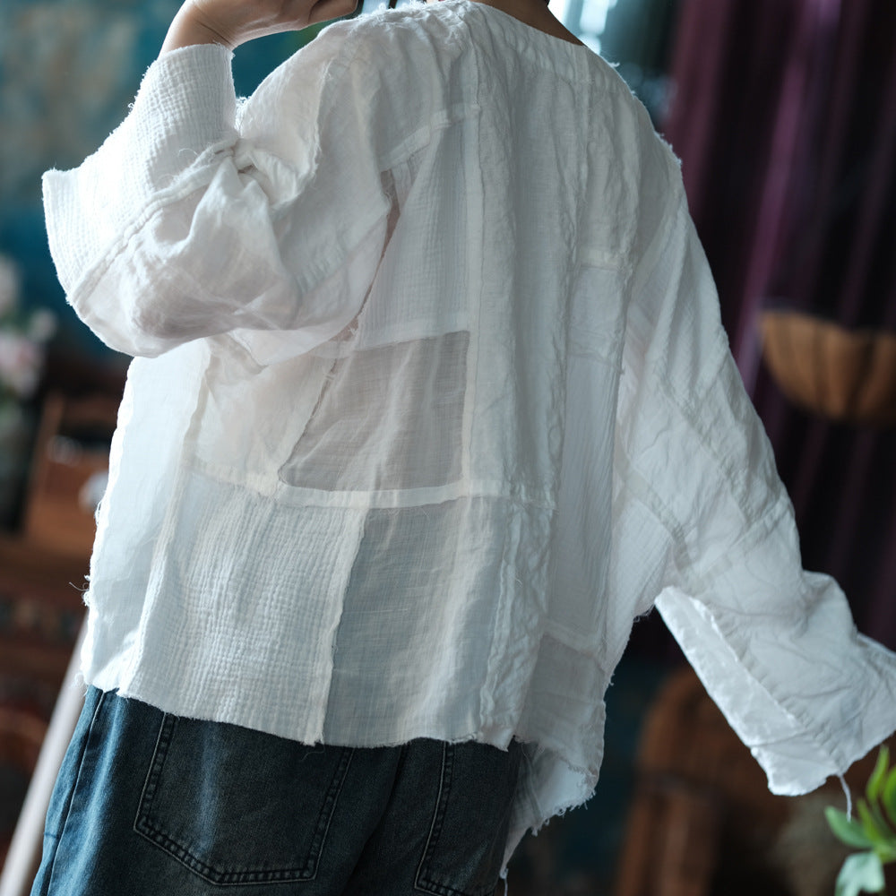 Blusa vintage de patchwork con cuello en V