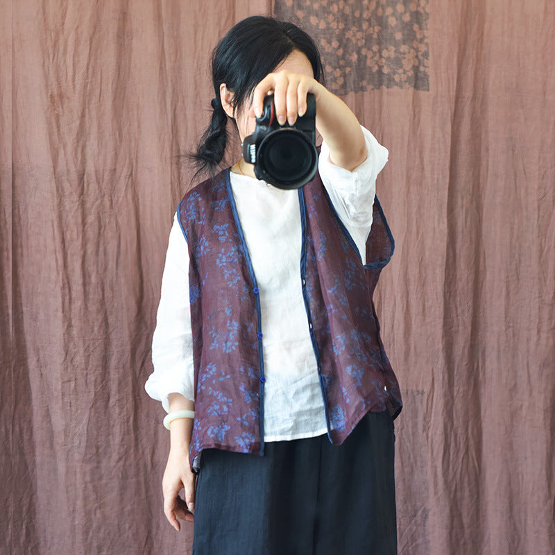 Chaleco floral de ramio con cuello en V