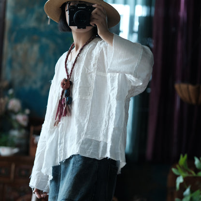 Blusa vintage de patchwork con cuello en V