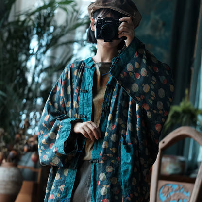 Indigo Fish Print Ramie Kimono
