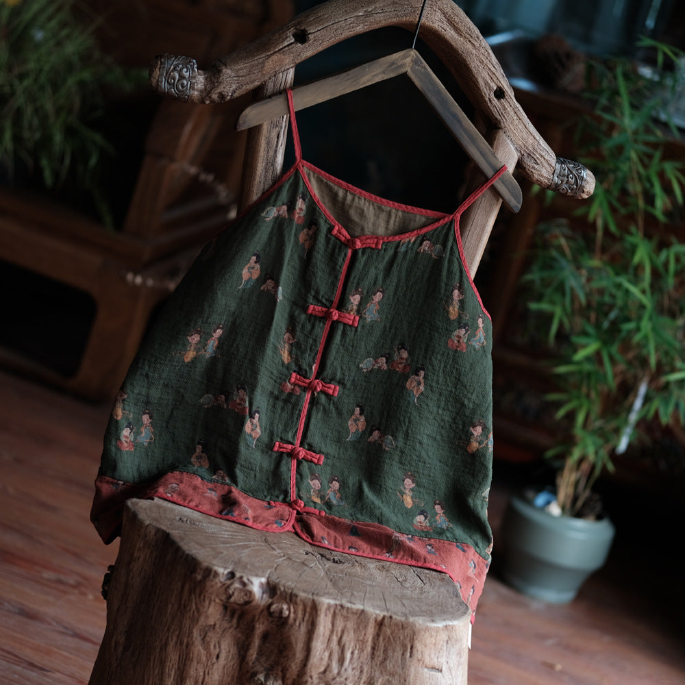 Camisola de lino vintage con figuras pequeñas – Blusa de verano bohemia ligera