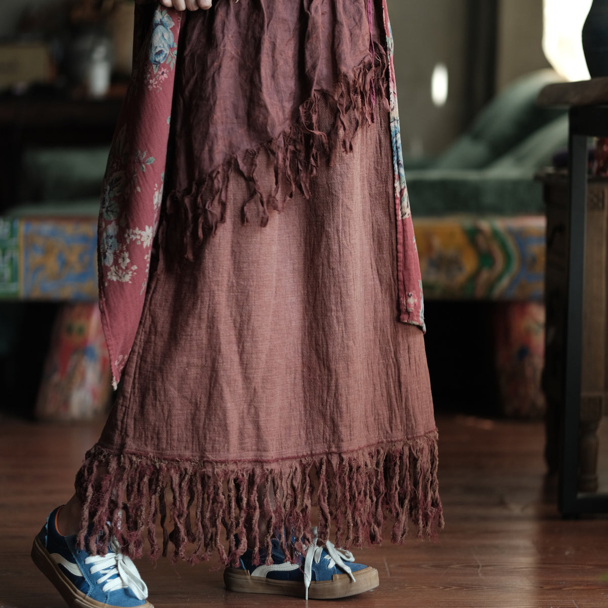 Terracotta Nomad Fringe Cotton-Linen Midi Skirt