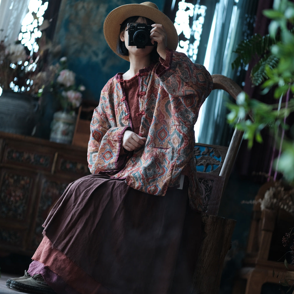 Chaqueta de lino vintage con estampados étnicos