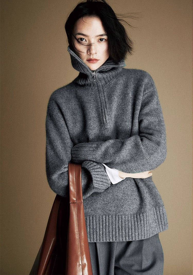 Suéter de punto de lana con cremallera para mujer: jersey de cuello con media cremallera y mezcla de lana al 80 % | Colección COANDMI